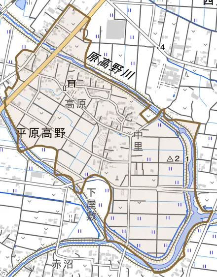 平原高野とその周辺の地図。町の範囲を重ねている