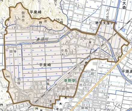 平泉崎とその周辺の地図。町の範囲を重ねている