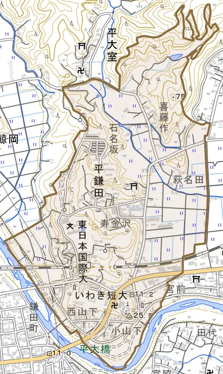 平鎌田とその周辺の地図。町の範囲を重ねている