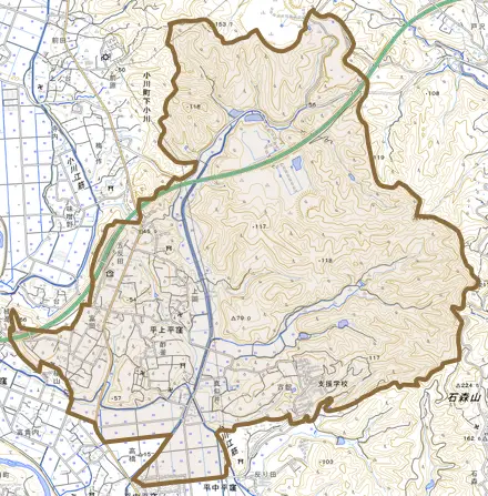 平上平窪とその周辺の地図。町の範囲を重ねている
