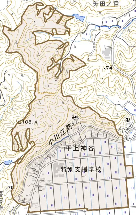 平上神谷とその周辺の地図。町の範囲を重ねている