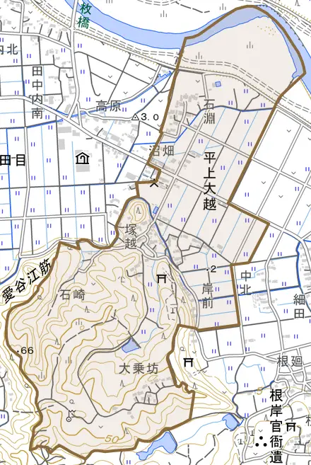 平上大越とその周辺の地図。町の範囲を重ねている