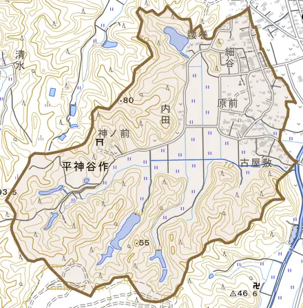 平神谷作とその周辺の地図。町の範囲を重ねている