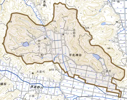 平北神谷とその周辺の地図。町の範囲を重ねている