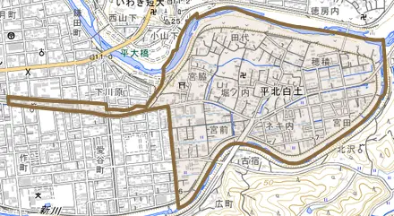 平北白土とその周辺の地図。町の範囲を重ねている