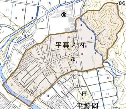 平幕ノ内とその周辺の地図。町の範囲を重ねている