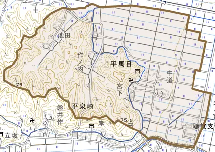 平馬目とその周辺の地図。町の範囲を重ねている