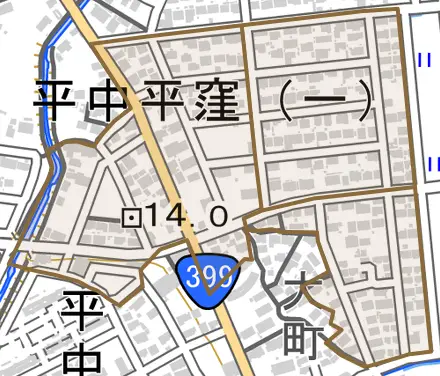 平中平窪とその周辺の地図。町の範囲を重ねている
