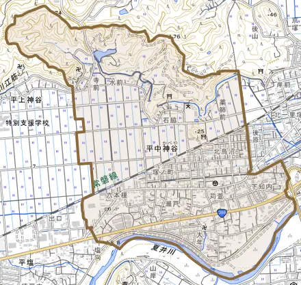 平中神谷とその周辺の地図。町の範囲を重ねている
