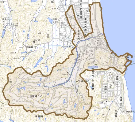 平沼ノ内とその周辺の地図。町の範囲を重ねている