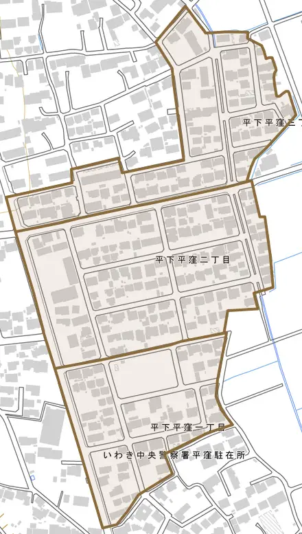 平下平窪とその周辺の地図。町の範囲を重ねている