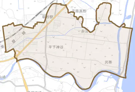 平下神谷とその周辺の地図。町の範囲を重ねている