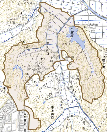 平下山口とその周辺の地図。町の範囲を重ねている