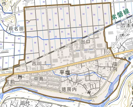 平塩とその周辺の地図。町の範囲を重ねている
