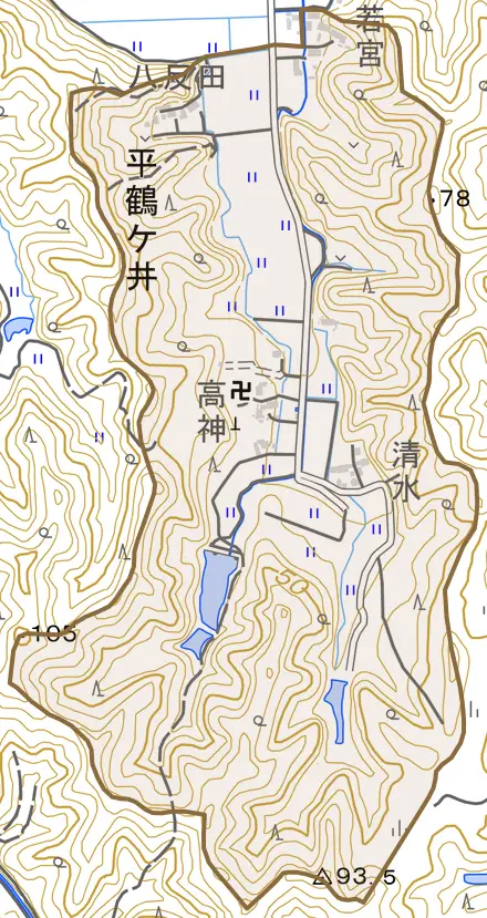平鶴ケ井とその周辺の地図。町の範囲を重ねている
