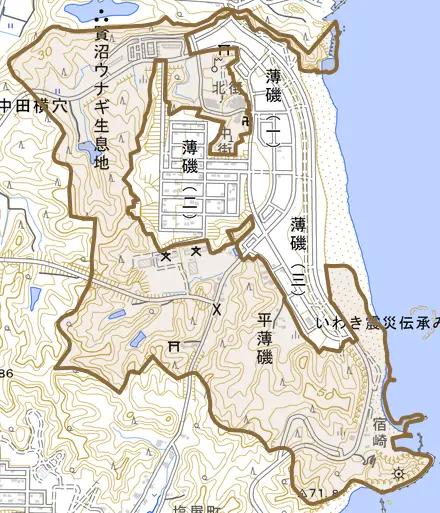 平薄磯とその周辺の地図。町の範囲を重ねている