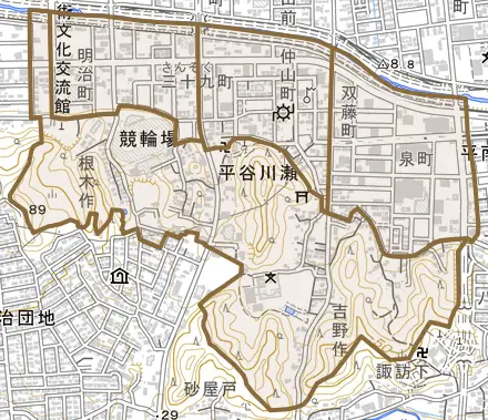 平谷川瀬とその周辺の地図。町の範囲を重ねている