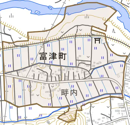 富津町とその周辺の地図。町の範囲を重ねている