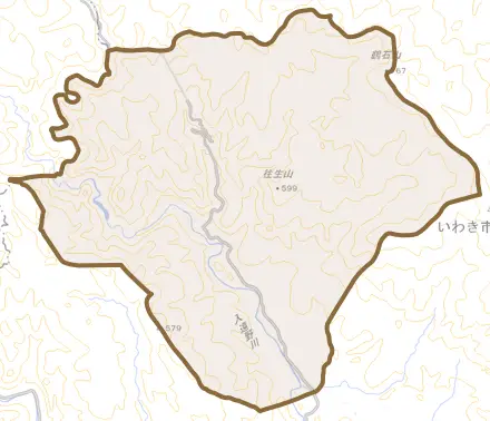 遠野町入遠野とその周辺の地図。町の範囲を重ねている