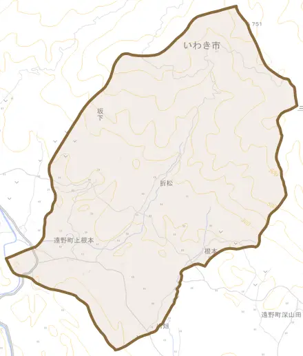 遠野町上根本とその周辺の地図。町の範囲を重ねている