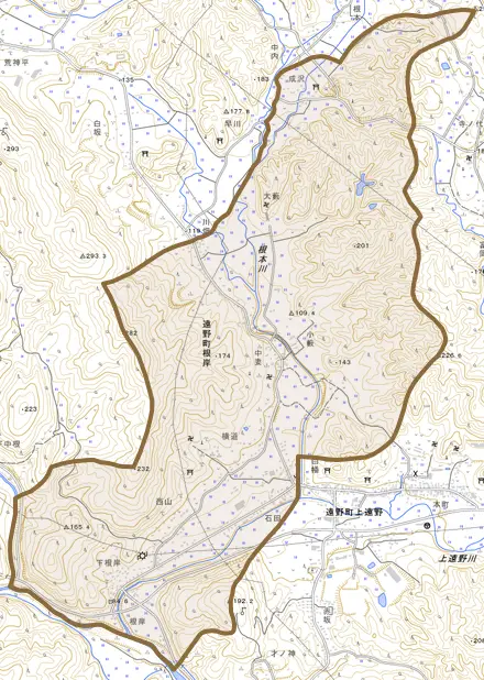 遠野町根岸とその周辺の地図。町の範囲を重ねている