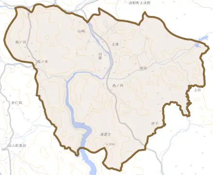 遠野町滝とその周辺の地図。町の範囲を重ねている