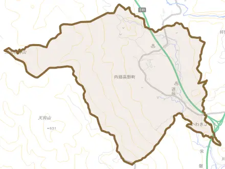 内郷高野町とその周辺の地図。町の範囲を重ねている
