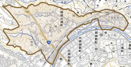 内郷御台境町とその周辺の地図。町の範囲を重ねている