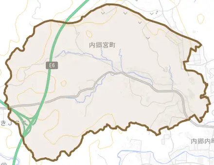 内郷宮町とその周辺の地図。町の範囲を重ねている