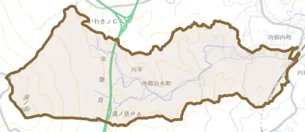 内郷白水町とその周辺の地図。町の範囲を重ねている