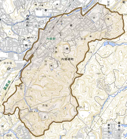 内郷綴町とその周辺の地図。町の範囲を重ねている