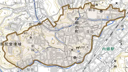 内郷内町とその周辺の地図。町の範囲を重ねている