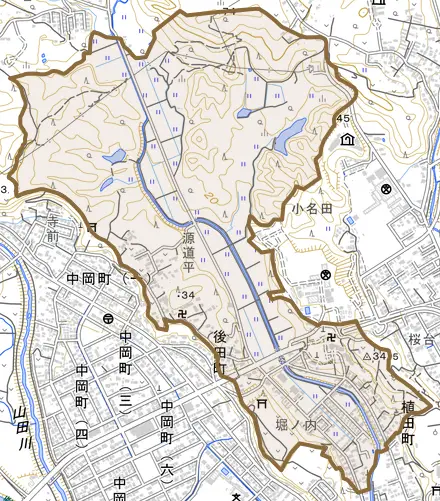 後田町とその周辺の地図。町の範囲を重ねている