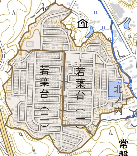 若葉台とその周辺の地図。町の範囲を重ねている