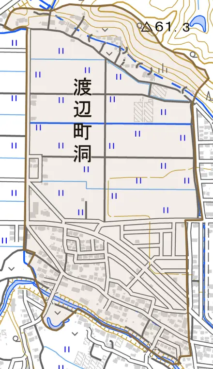 渡辺町洞とその周辺の地図。町の範囲を重ねている