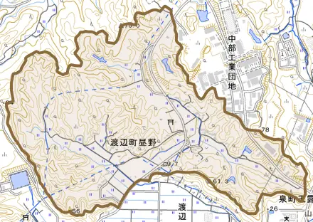 渡辺町昼野とその周辺の地図。町の範囲を重ねている