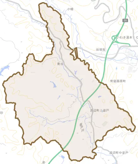 渡辺町上釜戸とその周辺の地図。町の範囲を重ねている