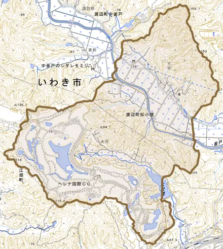 渡辺町松小屋とその周辺の地図。町の範囲を重ねている