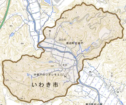 渡辺町中釜戸とその周辺の地図。町の範囲を重ねている