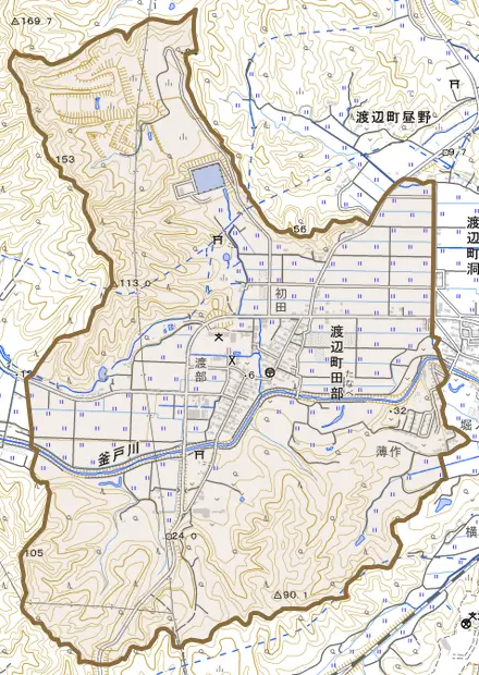 渡辺町田部とその周辺の地図。町の範囲を重ねている