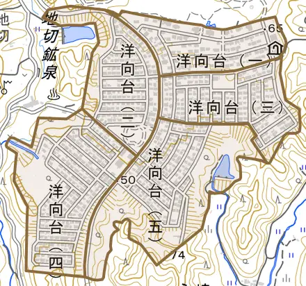 洋向台とその周辺の地図。町の範囲を重ねている