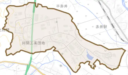 好間工業団地とその周辺の地図。町の範囲を重ねている
