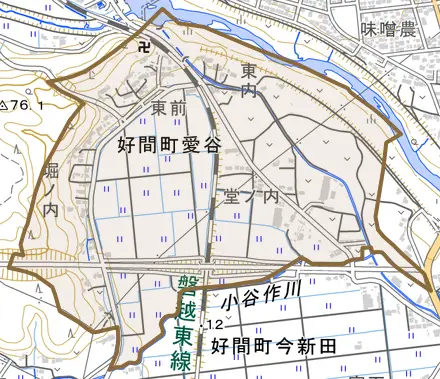 好間町愛谷とその周辺の地図。町の範囲を重ねている