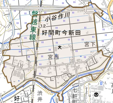 好間町今新田とその周辺の地図。町の範囲を重ねている