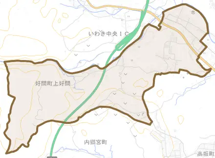 好間町上好間とその周辺の地図。町の範囲を重ねている
