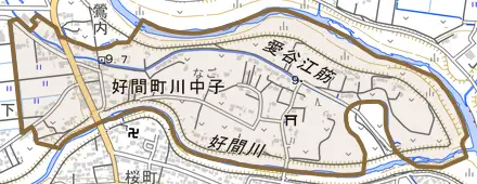 好間町川中子とその周辺の地図。町の範囲を重ねている
