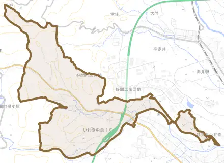 好間町北好間とその周辺の地図。町の範囲を重ねている