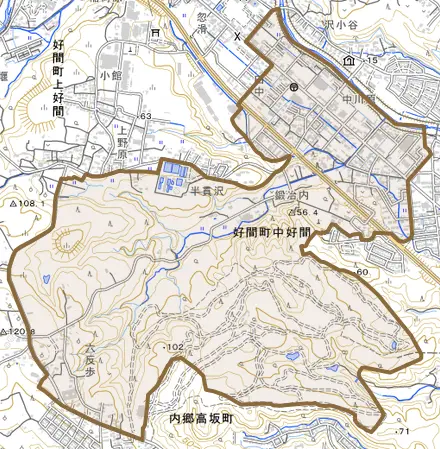 好間町中好間とその周辺の地図。町の範囲を重ねている