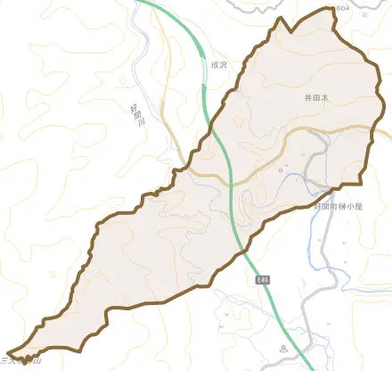 好間町大利とその周辺の地図。町の範囲を重ねている
