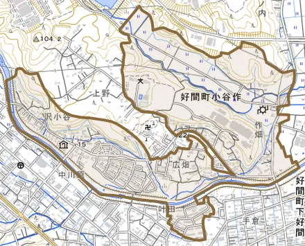 好間町小谷作とその周辺の地図。町の範囲を重ねている